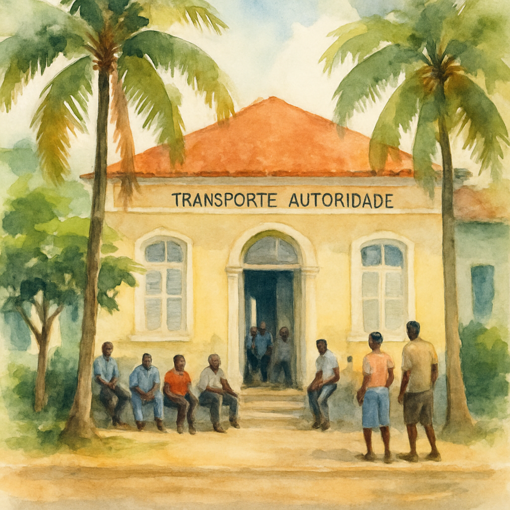 Exterior view of a government transport authority building in São Tomé city, with people waiting outside on a warm sunny day, tropical trees in the foreground, administrative atmosphere, realistic documentary photography