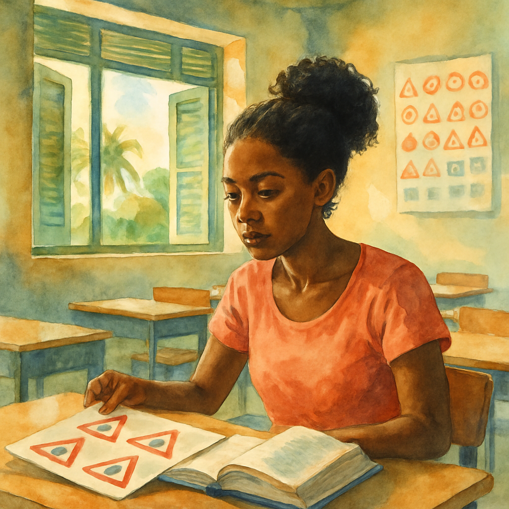 A young woman sitting at a desk inside a bright driving school classroom in São Tomé, studying road signs and a highway code book, warm tropical light coming through open windows, realistic and focused atmosphere