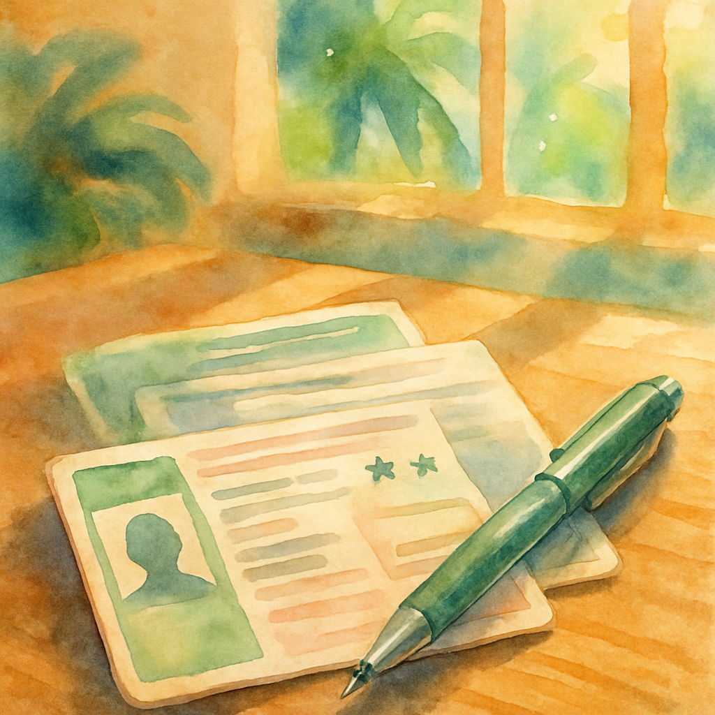 Close-up watercolour illustration of official São Tomé driving licence documents and a pen on a wooden desk, warm tropical light filtering through a window, artistic watercolour style, no text