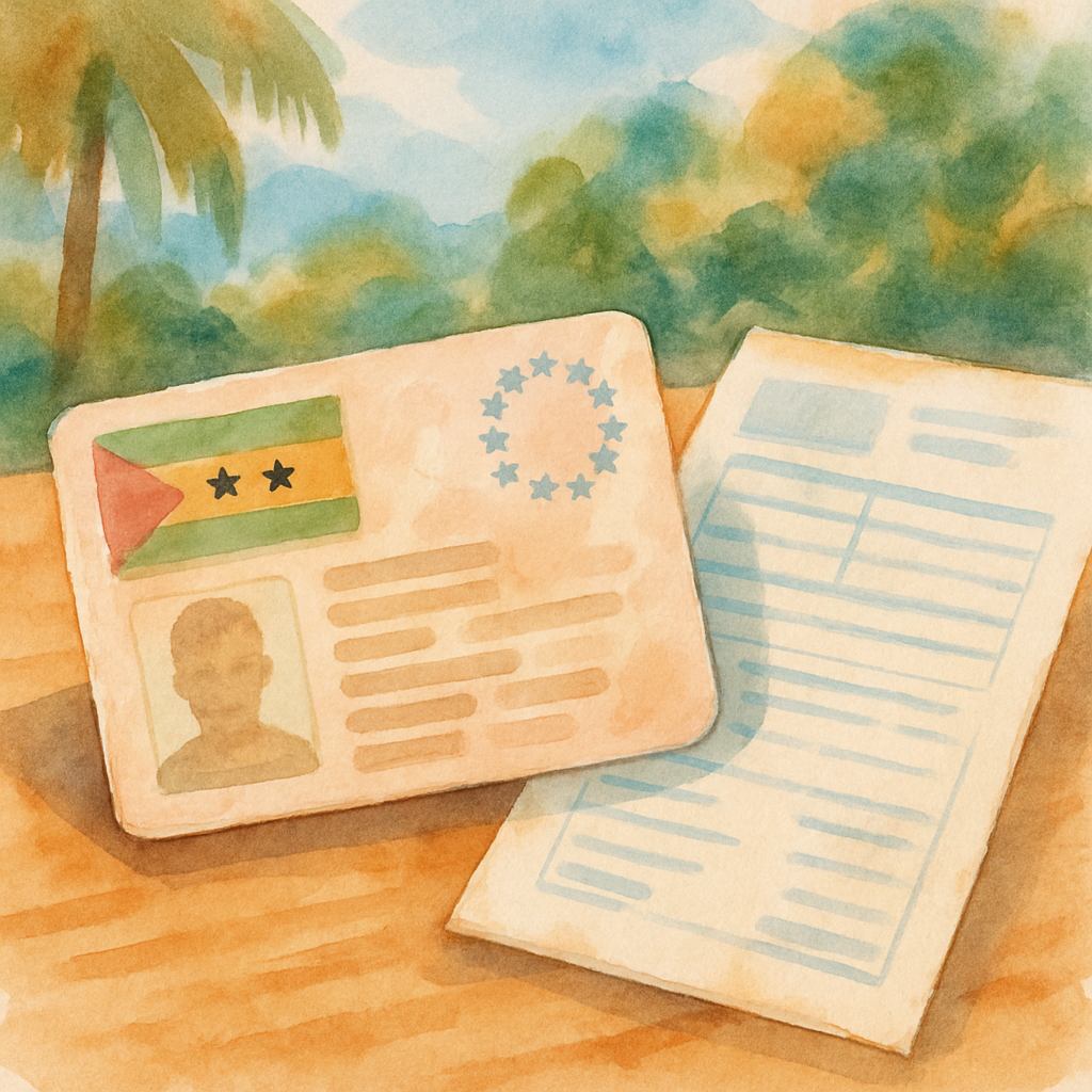 Close-up of a São Tomé and Príncipe driving licence placed next to a Portuguese IMT form on a wooden desk, artistic watercolour style, warm tropical tones, no text