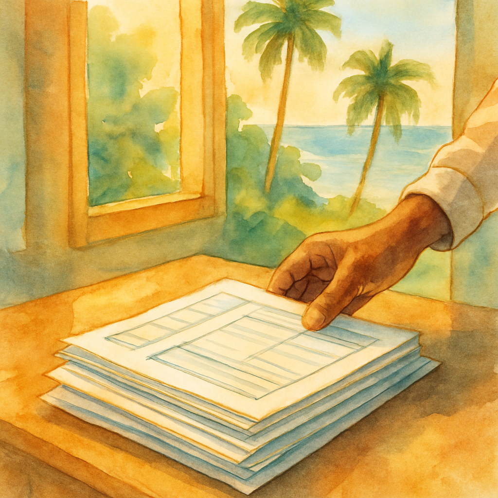 Close-up watercolour illustration of a hand placing organised official documents on a wooden desk, tropical setting with warm golden light through a window, artistic style, no text in image