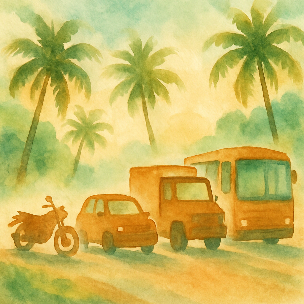 Close-up watercolour illustration of different vehicle silhouettes — motorcycle, car, truck and bus — arranged side by side on a tropical road with palm trees, artistic style, warm ochre and green tones, no text