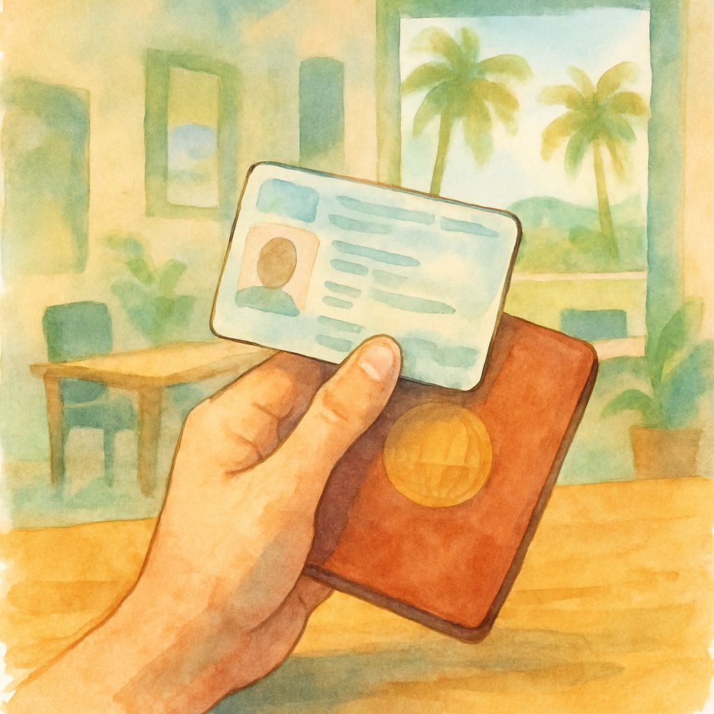 Close-up watercolour illustration of a hand presenting a foreign driving licence and passport on a wooden desk in a tropical administrative office, soft warm tones, artistic style, no text