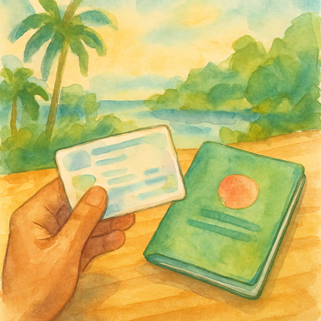 Close-up watercolour illustration of a hand holding a driving licence document alongside a vehicle registration booklet on a wooden surface, warm tropical light, artistic style, no text