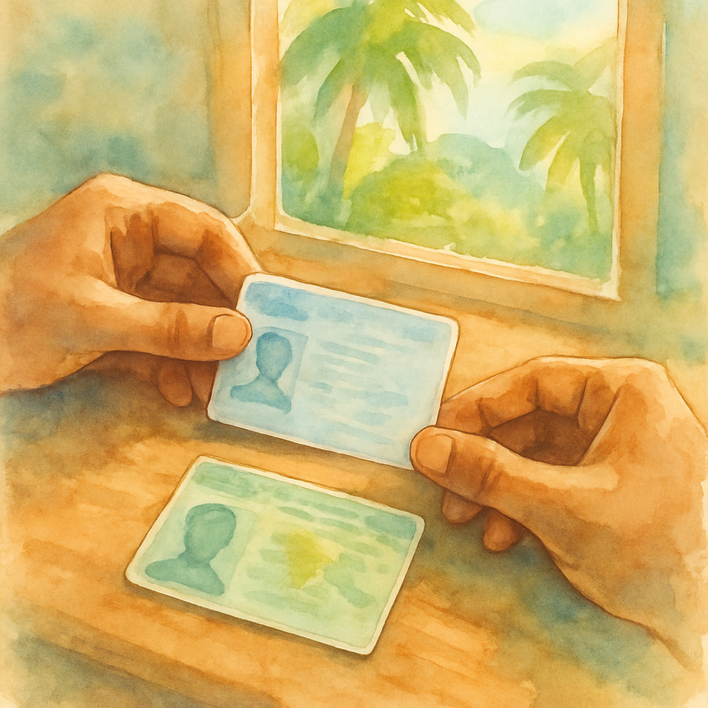 Close-up of hands placing a foreign driving licence next to a São Tomé and Príncipe national identity document on a wooden desk, soft tropical light through a window, artistic watercolour style, no text