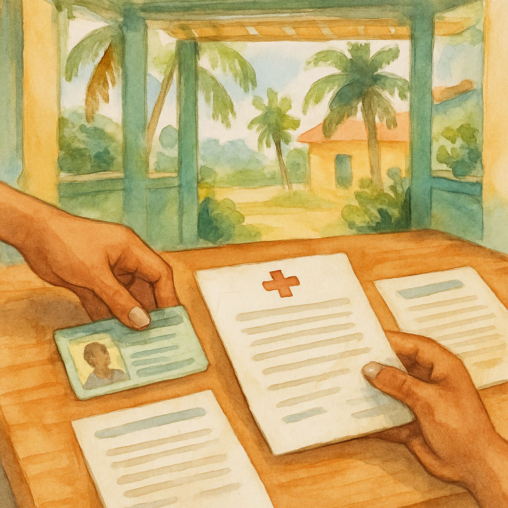 Artistic watercolour illustration of hands placing official documents on a wooden desk in a tropical administrative office, identity card, medical certificate and application form visible, soft warm tones, detailed and painterly, no text