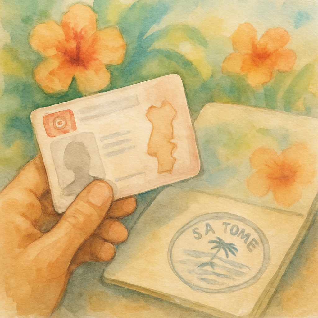 Close-up watercolour illustration of a hand holding a Portuguese driving licence next to a São Tomé stamp on a passport, tropical flowers in soft focus background, warm earthy tones, artistic style, no text