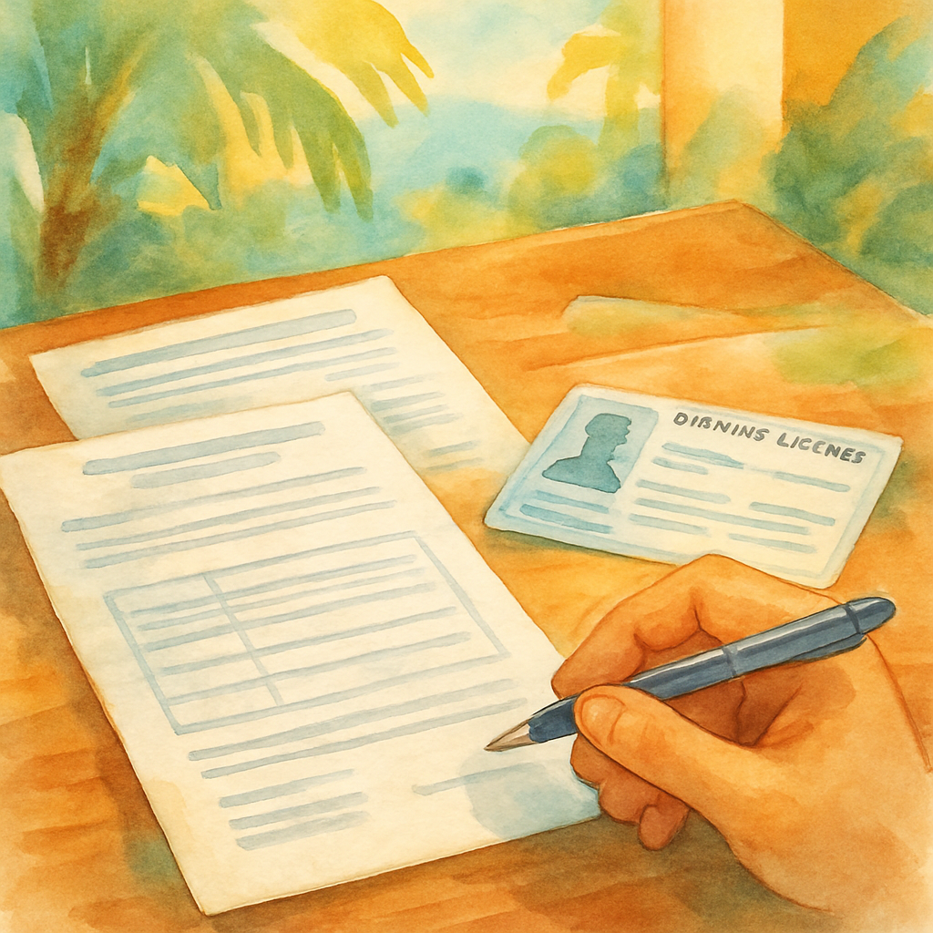 Close-up of official documents and a driving license form on a wooden desk, a hand holding a ballpoint pen ready to sign, warm tropical indoor light, artistic watercolour style, no text