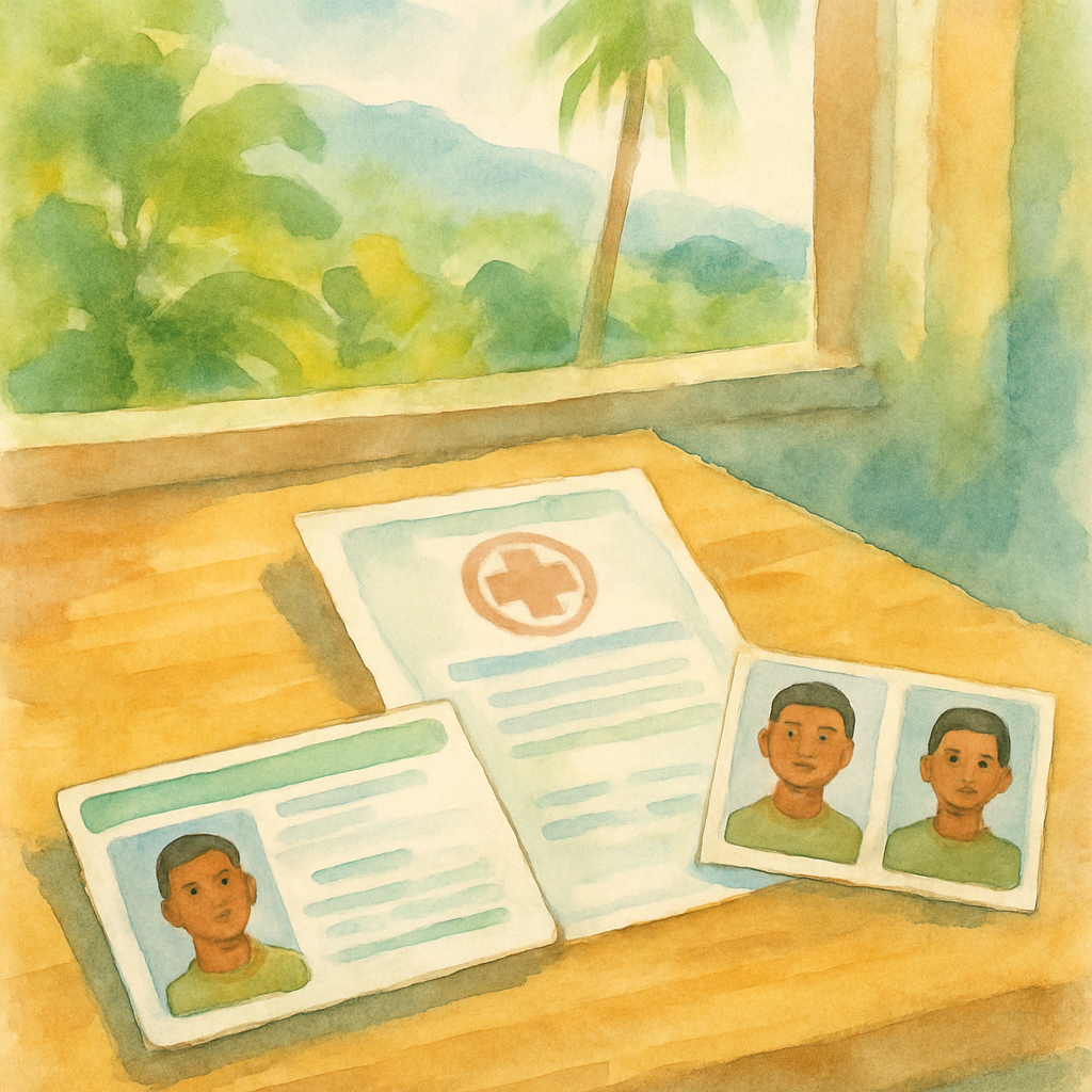 Close-up of a neatly arranged set of official documents on a wooden desk — ID card, medical certificate, passport photos — soft tropical light through a window, artistic watercolour style, no text