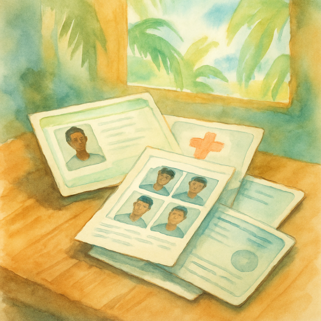 Close-up watercolour illustration of a neat stack of official documents — identity card, medical certificate, passport photos and a driving licence — arranged on a wooden desk with tropical light filtering through a window, artistic watercolour style, no text