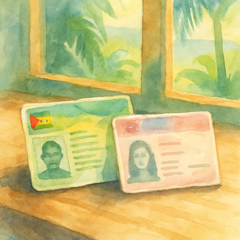 Close-up of a São Tomé driving licence beside a Portuguese residence permit on a wooden desk, soft tropical light through a window, artistic watercolour style, no text