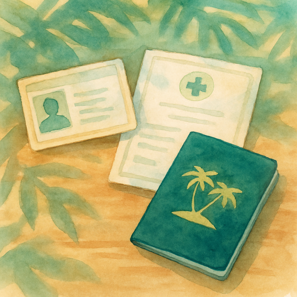 Close-up watercolour illustration of an identity document, a medical certificate and a passport laid out on a wooden desk with tropical leaf shadows, warm ochre and green tones, artistic style, no text