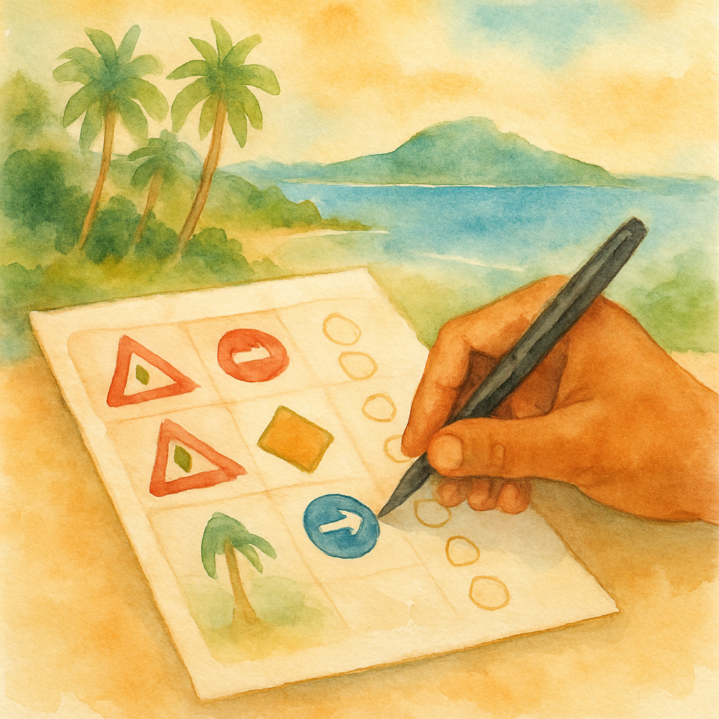 Close-up watercolour illustration of a hand marking answers on a multiple-choice road signs test sheet, tropical warm tones, artistic style, no text