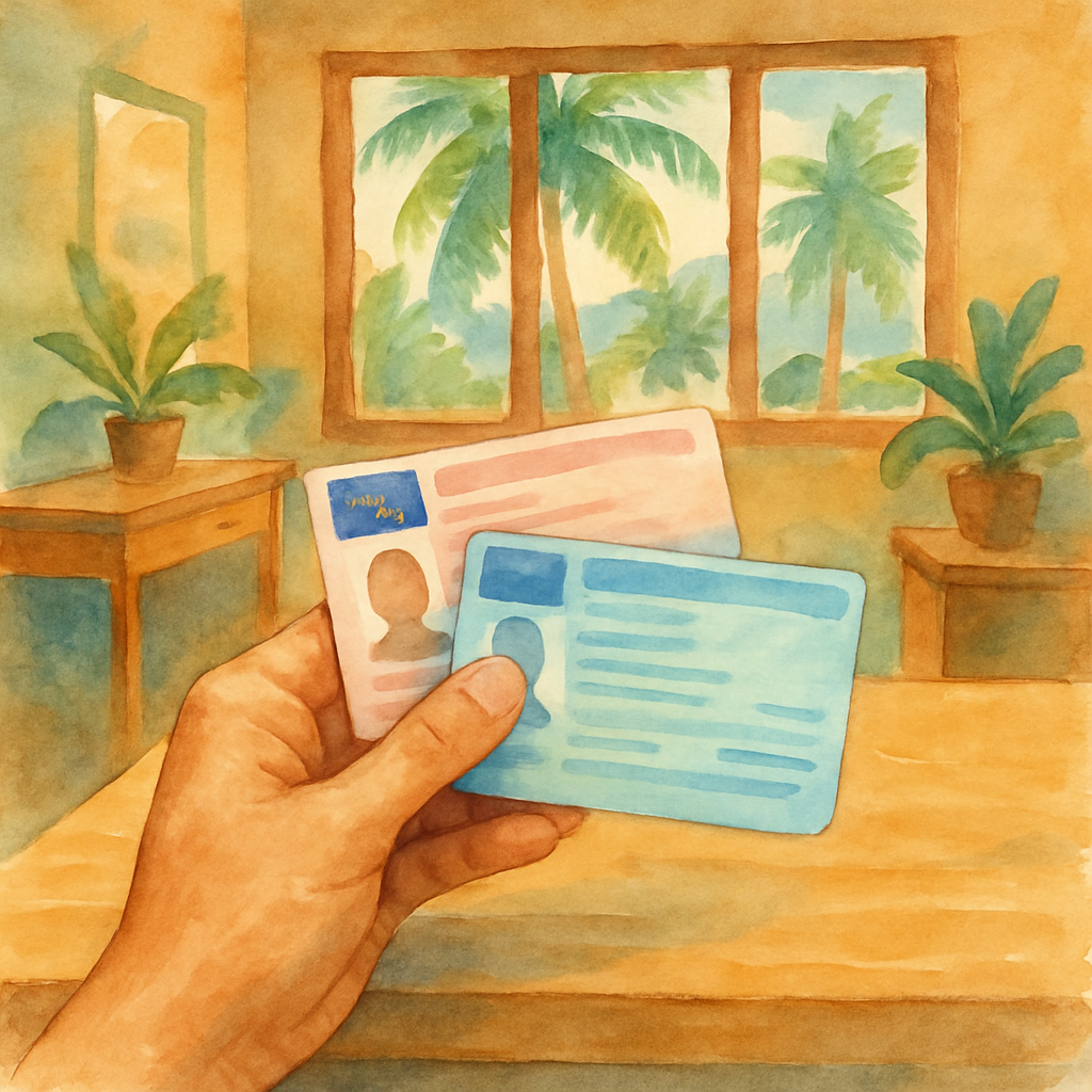 Close-up of a hand presenting a foreign driving licence and a residence permit on a wooden desk inside a tropical administrative office, watercolour artistic style, warm tones, no text