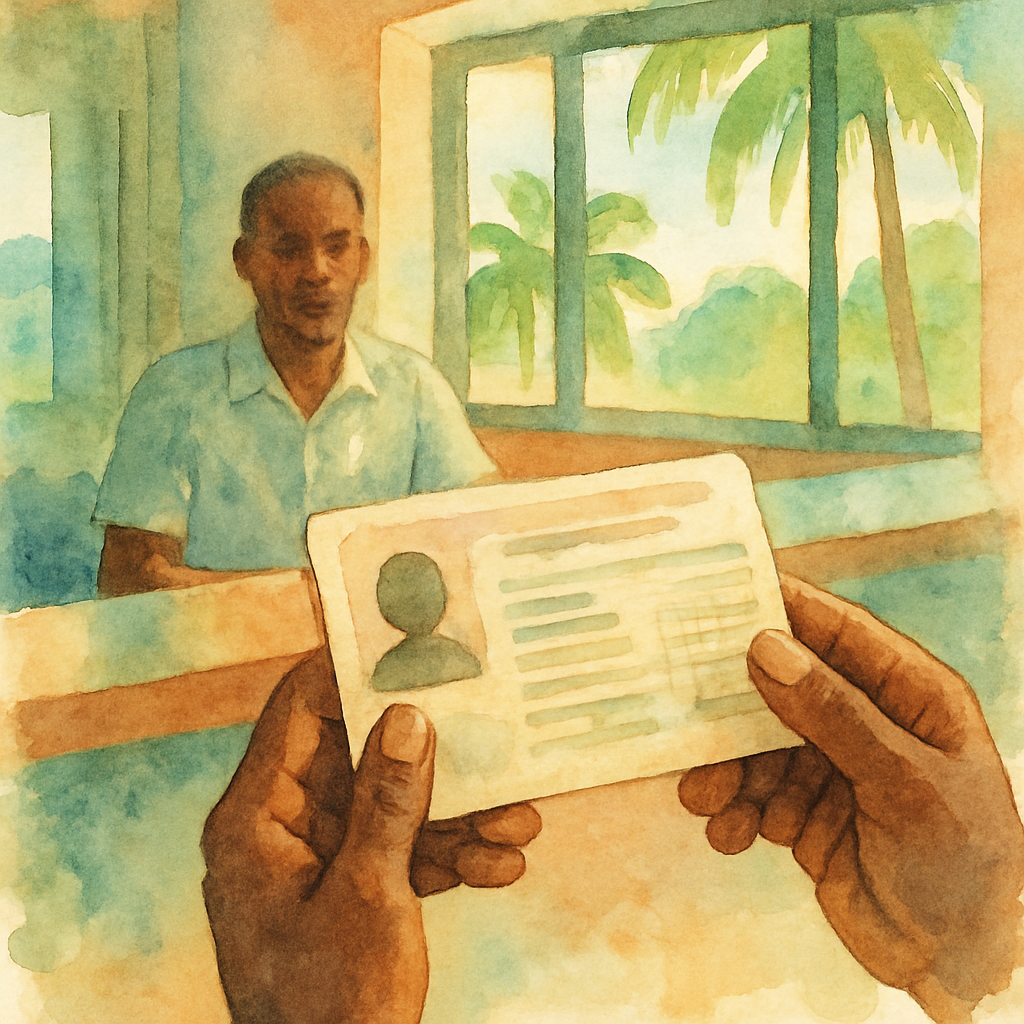 Close-up of an official driving licence document being reviewed at a government counter in São Tomé, tropical afternoon light through a window, artistic watercolour style, no text