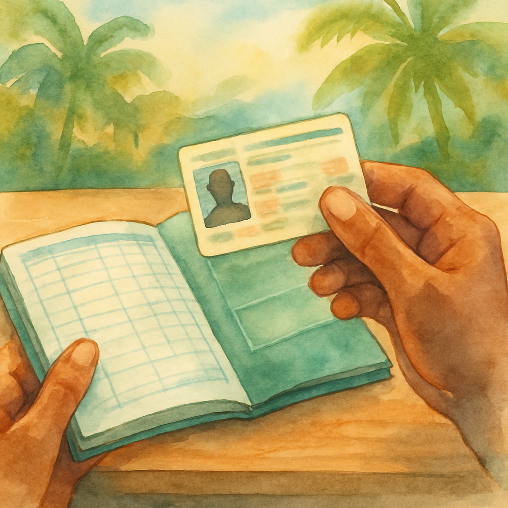 Close-up watercolour illustration of hands holding a São Tomé driving licence document alongside a heavy vehicle logbook on a wooden desk, warm tropical light, artistic style, no text