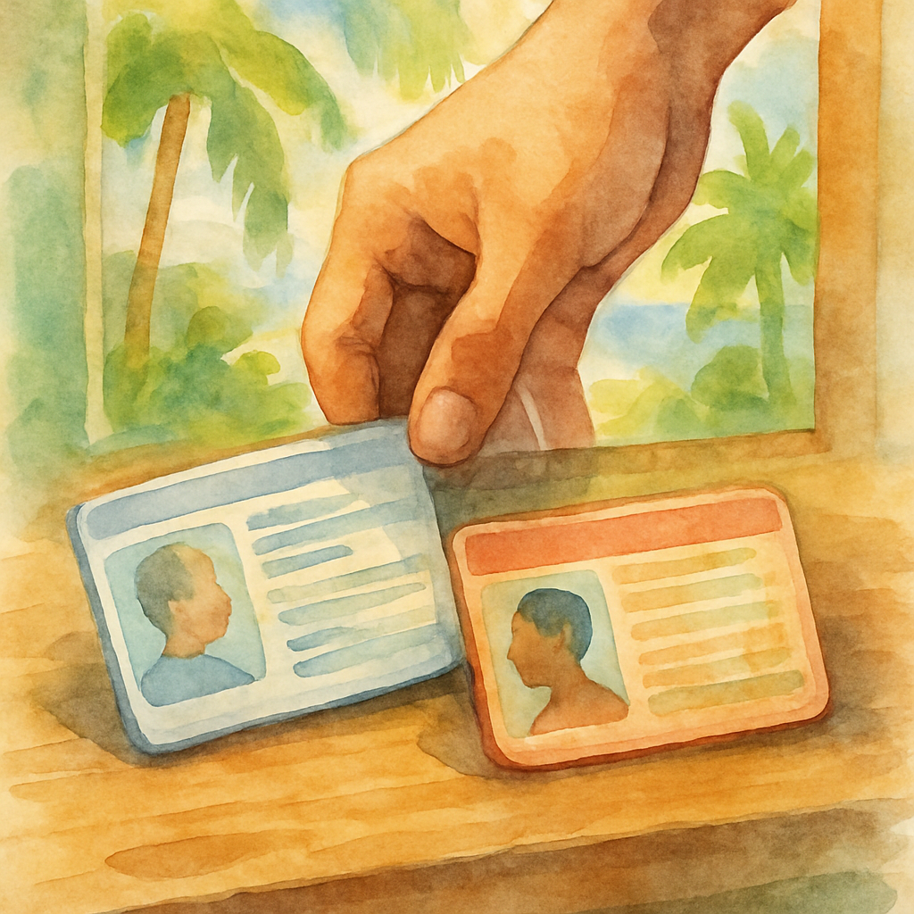 Close-up of a hand placing a foreign driving licence beside a São Tomé residence permit on a wooden desk, soft tropical light, artistic watercolour style, no text