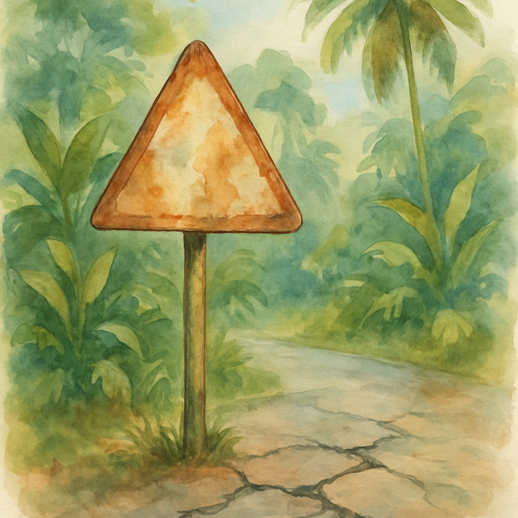 Close-up watercolour illustration of a worn São Tomé road sign and a cracked asphalt surface surrounded by lush green tropical vegetation, artistic style with warm earthy tones, no text