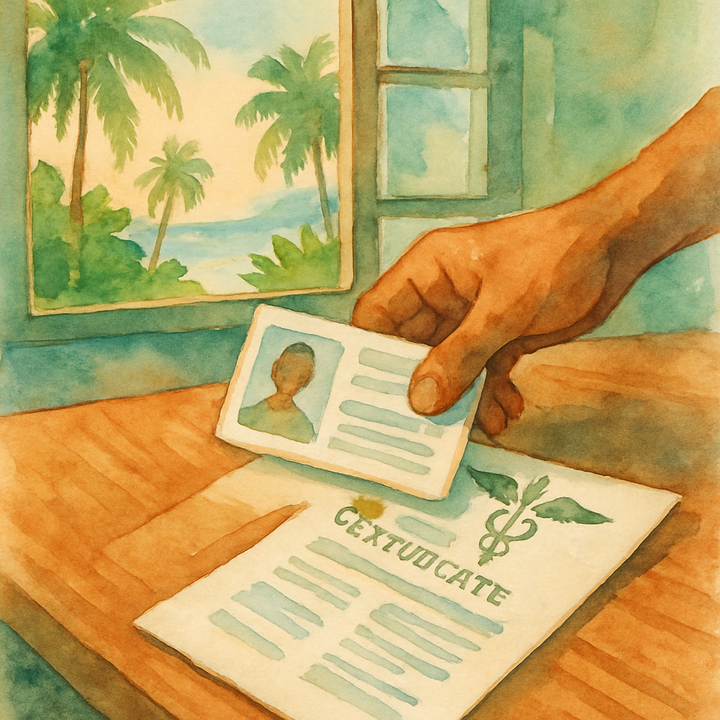Close-up watercolour illustration of a hand placing official identity documents and a medical certificate on a wooden desk in a tropical administrative office, warm tones, artistic style, no text