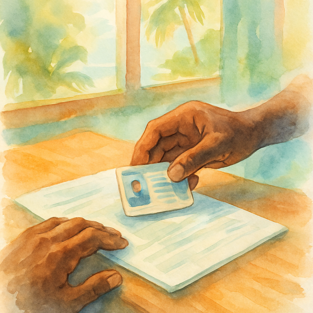 Close-up of hands placing a foreign driver's license next to official documents on a wooden desk, soft tropical light through a window, artistic watercolour style, no text visible