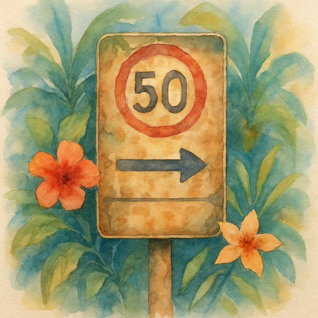 Close-up watercolour illustration of a weathered São Tomé road sign showing speed limit and direction markers, surrounded by tropical leaves and flowers, warm earthy tones, artistic style, no text