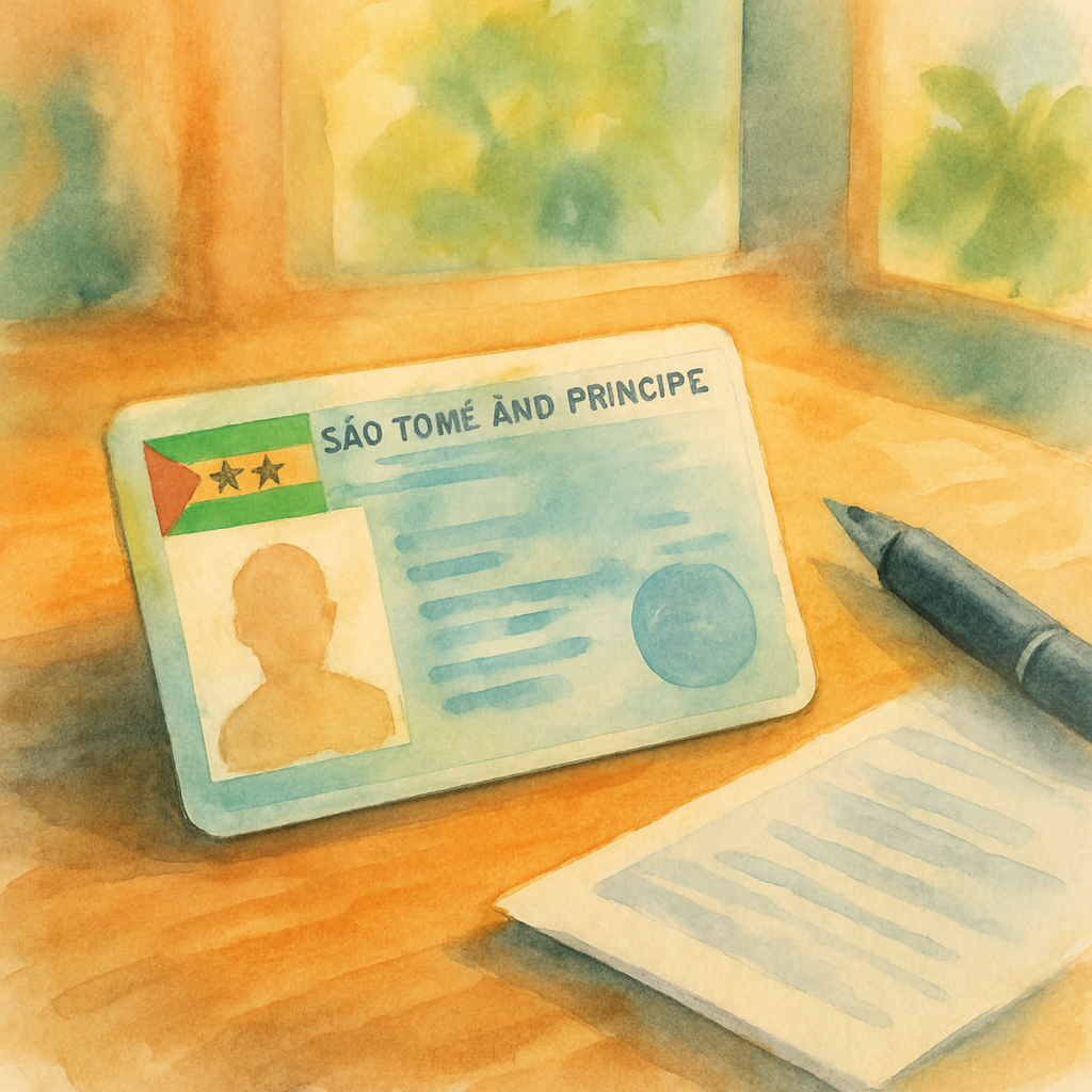 Close-up of a Santomense driving licence document placed on a wooden desk next to a pen and identification papers, warm natural light from a window, artistic watercolour style, no text