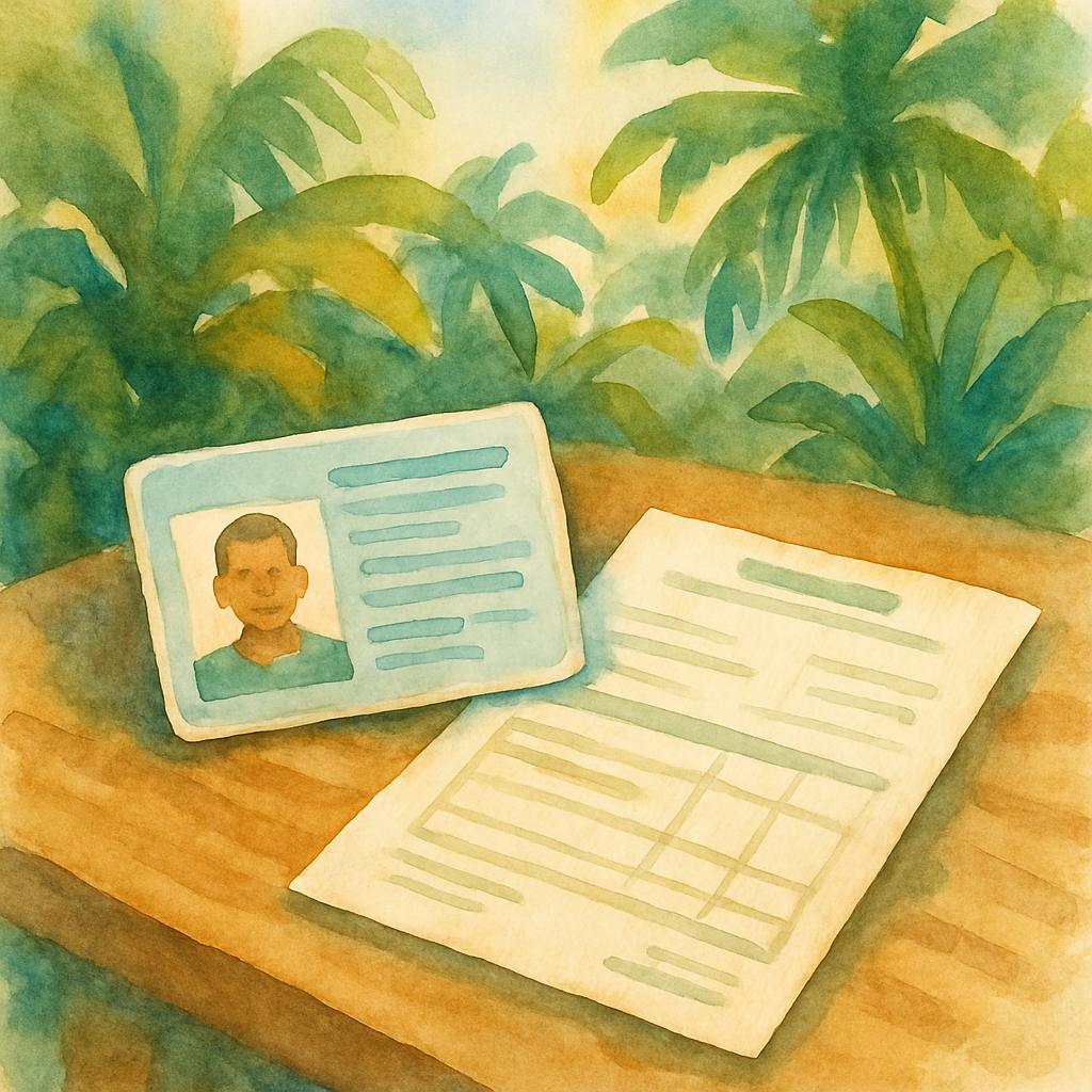 Close-up of an identity document and a medical certificate on a wooden desk with tropical foliage in the background, artistic watercolour style, warm light, no text