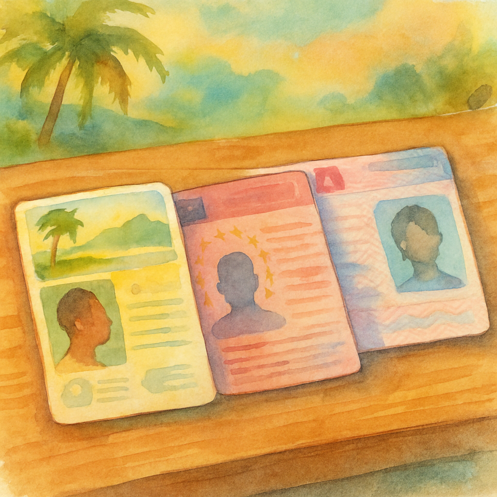 Close-up watercolour illustration of a São Tomé driving license next to a Portuguese license and a residence permit card on a wooden desk, warm tropical tones, artistic style, no text