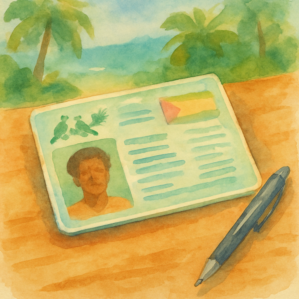 Close-up watercolour illustration of a São Tomé driving licence document resting on a wooden desk beside a pen, warm tropical tones, artistic style, no readable text
